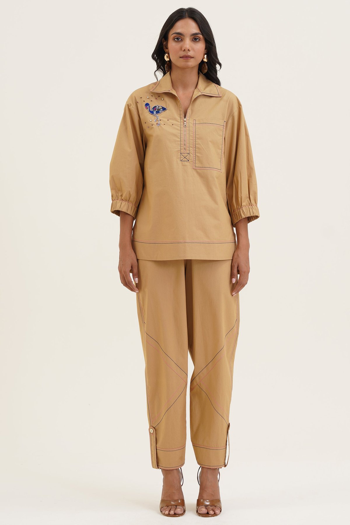 Sand Cotton Straight-Leg Relaxed Fit Trousers