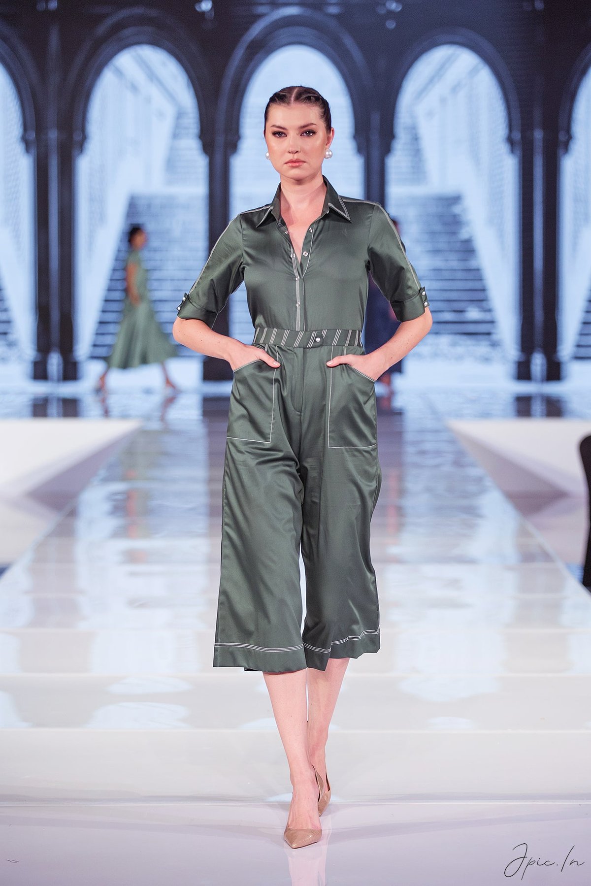 Bottle Green Cotton Satin Culotte Jumpsuit