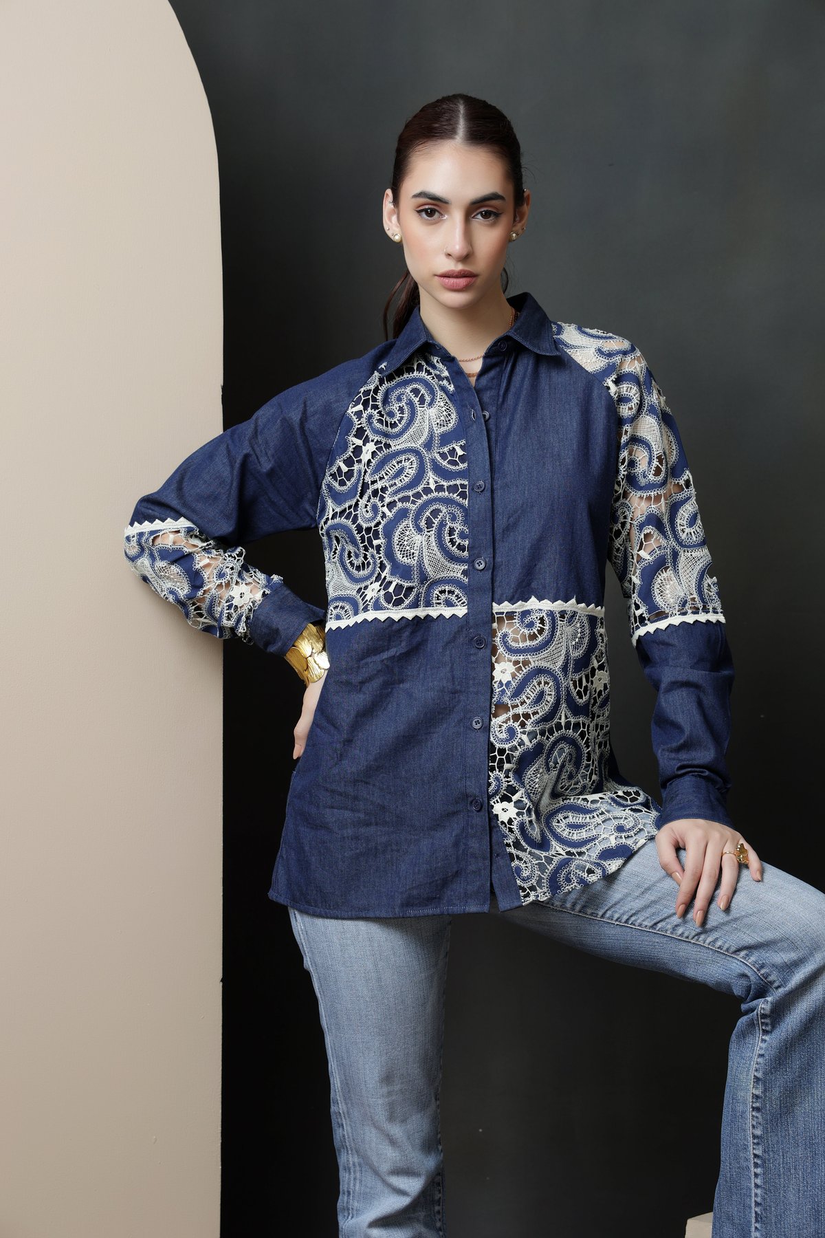 Dark Denim Shirt with Ecru Lace Panels
