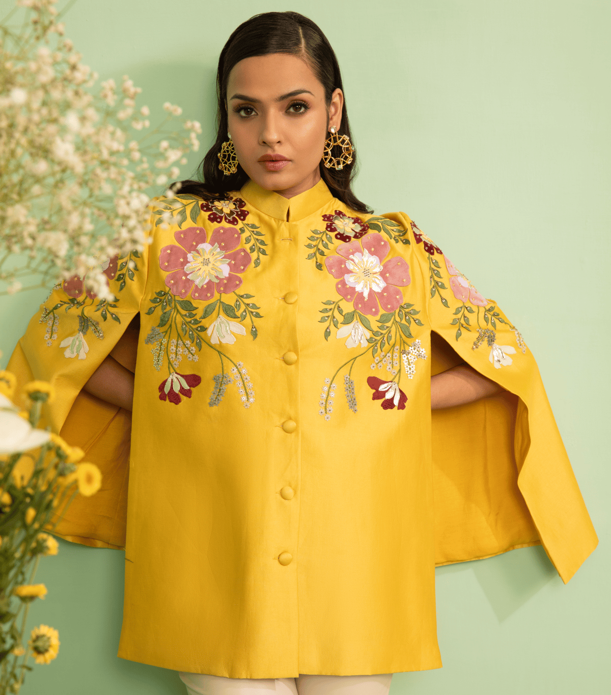 Sun Yellow Chanderi Floral Applique Cape Jacket