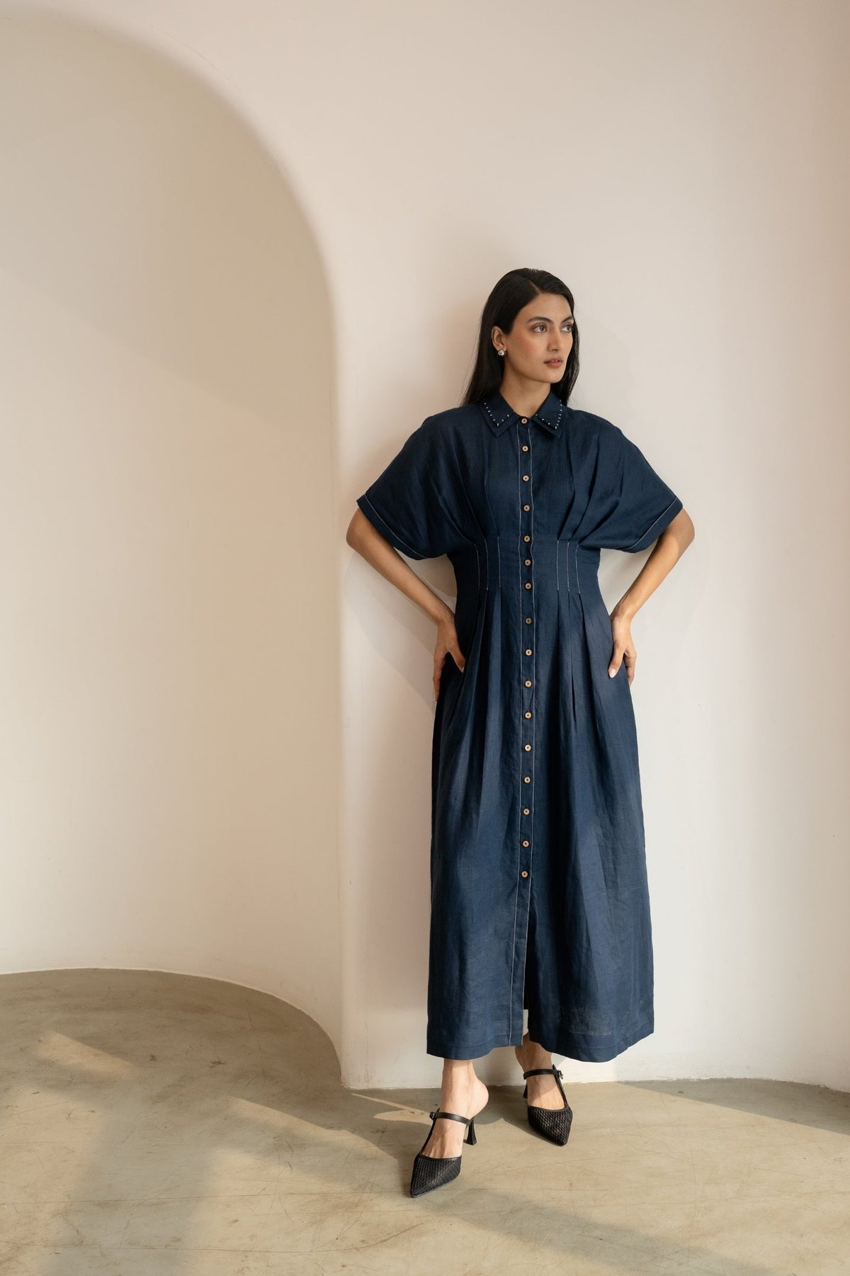 Moraine Blue Organic Linen Button-Front Maxi Shirt Dress