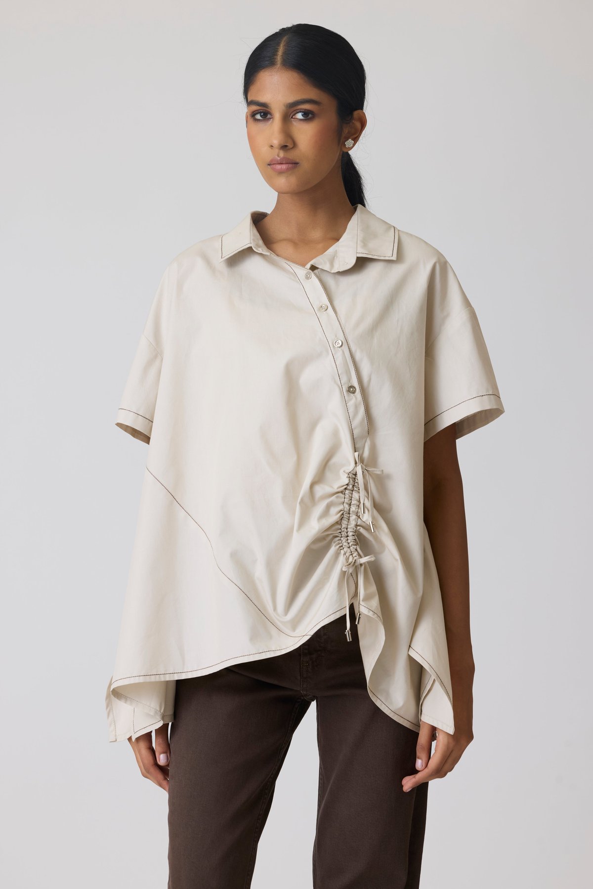 Summer Sand Cotton Poplin Asymmetrical Drawstring Shirt
