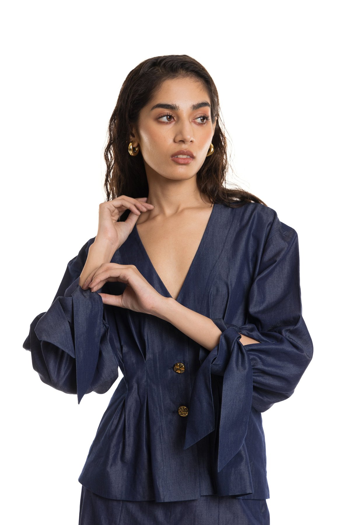 Denim Blue V-Neck Peplum Top with Bishop Sleeves