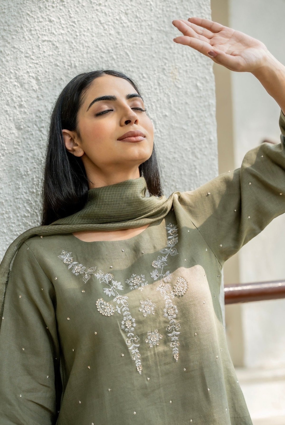 Olive Green Linen Straight Kurta Set with Dupatta