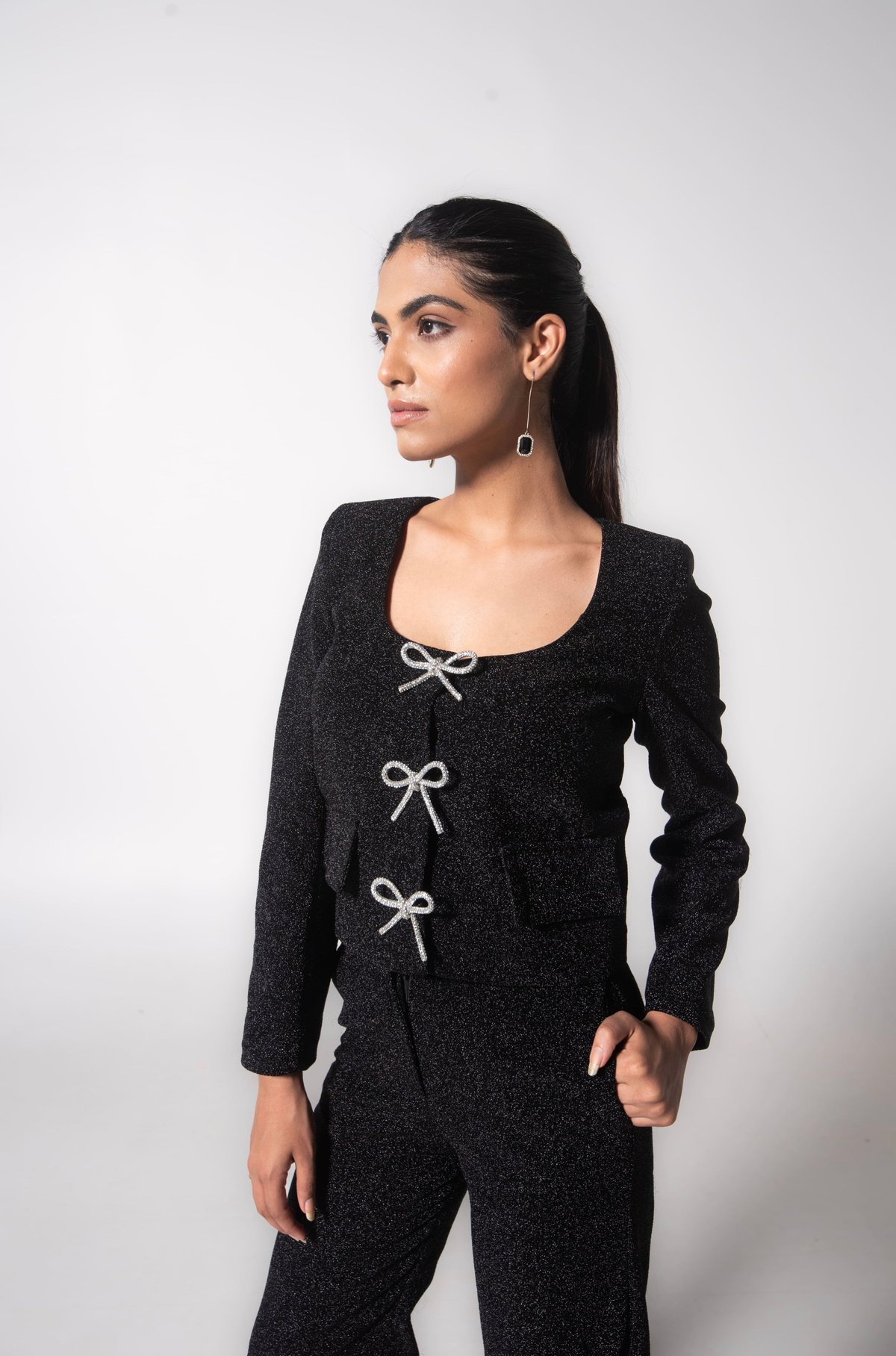 Black Glitter Jacket with Rhinestone Bow Details