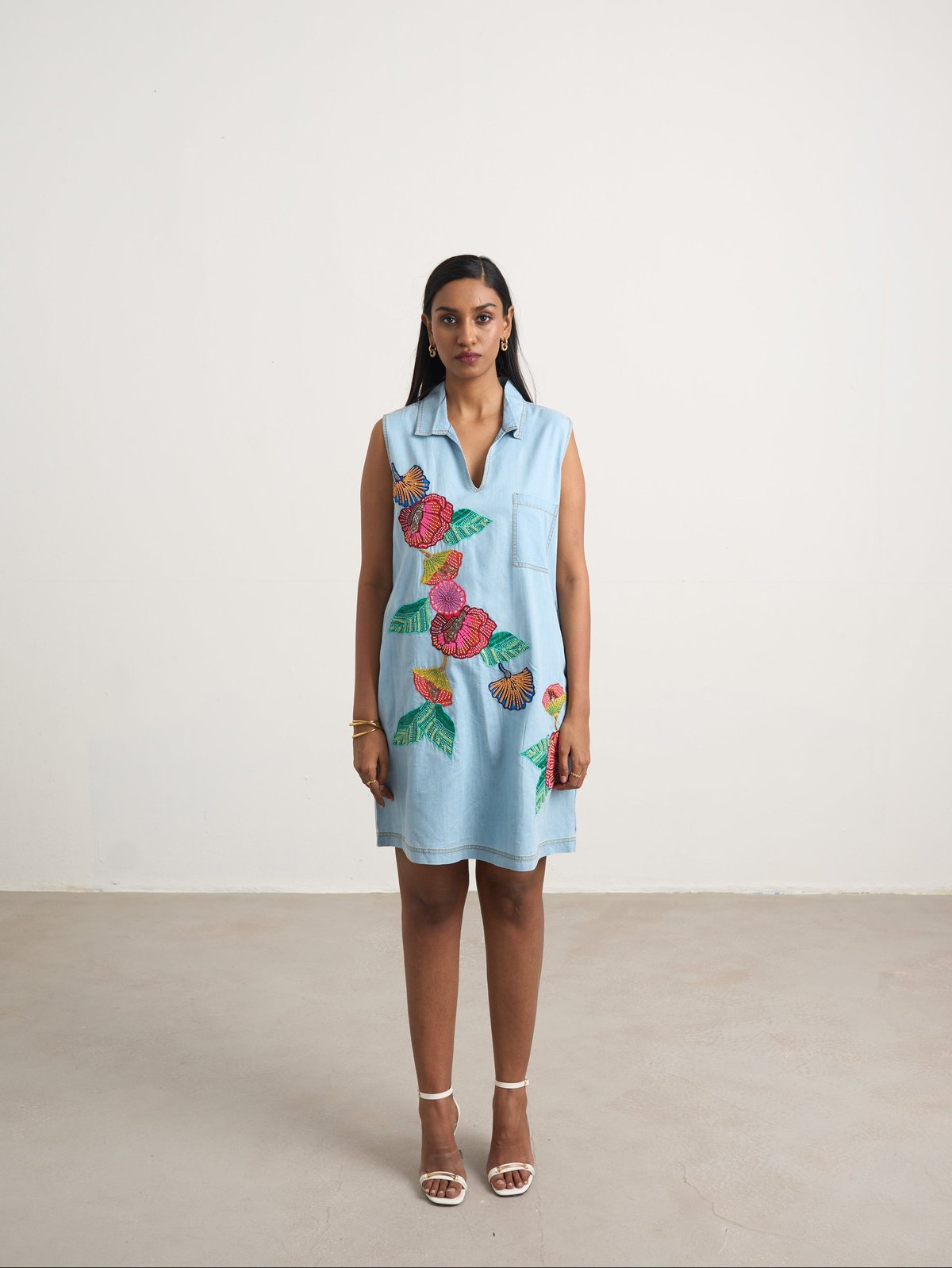 Blue Denim Sleeveless Collared Dress with Floral Embroidery