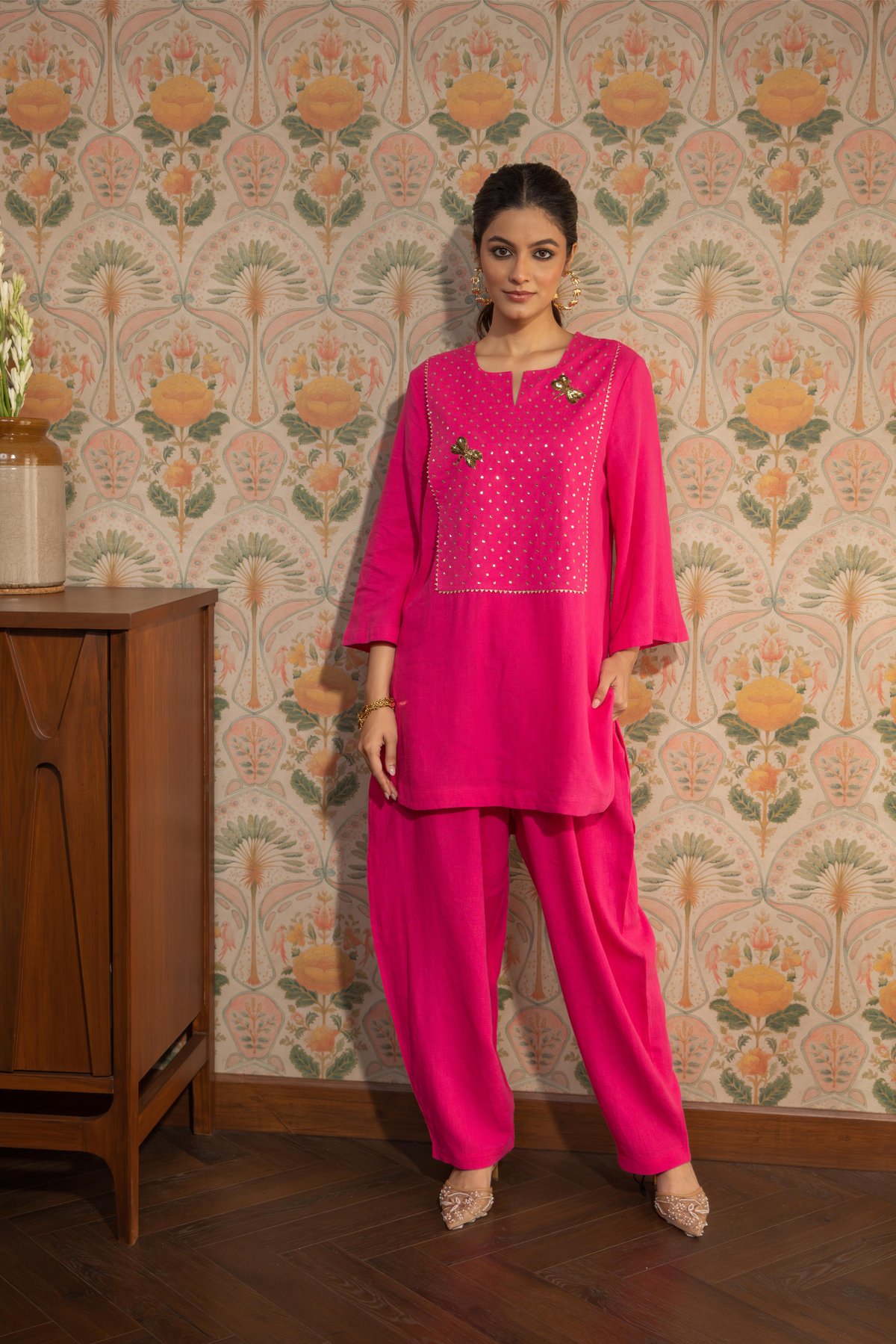 Pink Kurta Set with Embellished Yoke and Pants