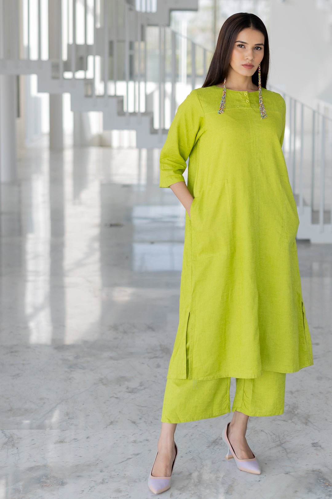 Avocado Green Straight Kurta with Beaded Neckline