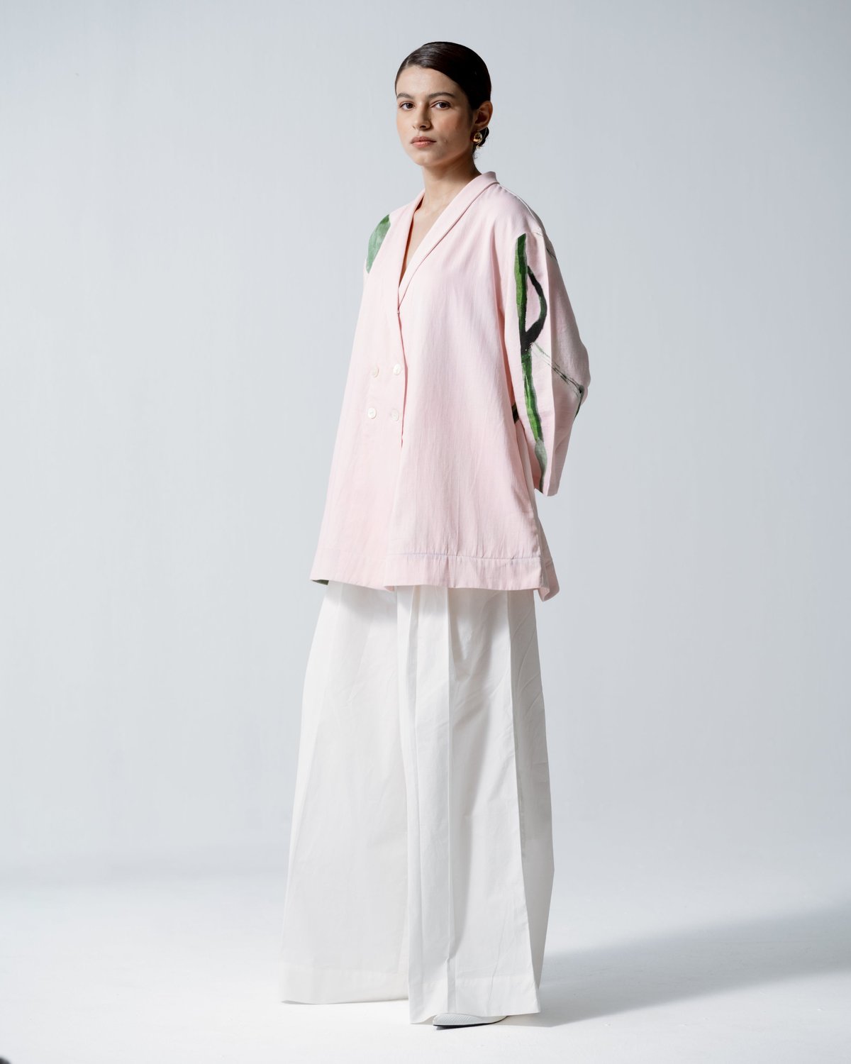 Pink Cotton-Linen Abstract Print Longline Jacket