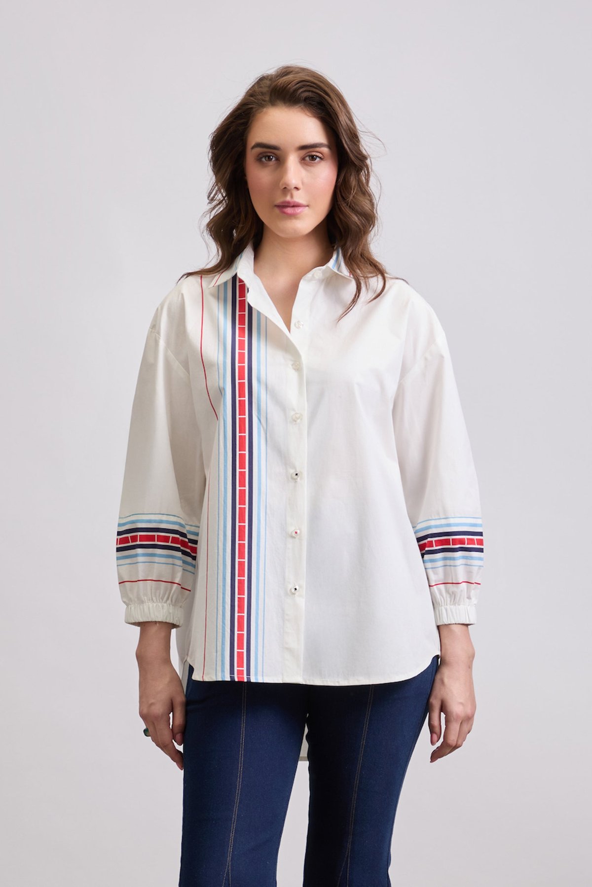 White Oversized Stripe Panel Shirt with Balloon Sleeves
