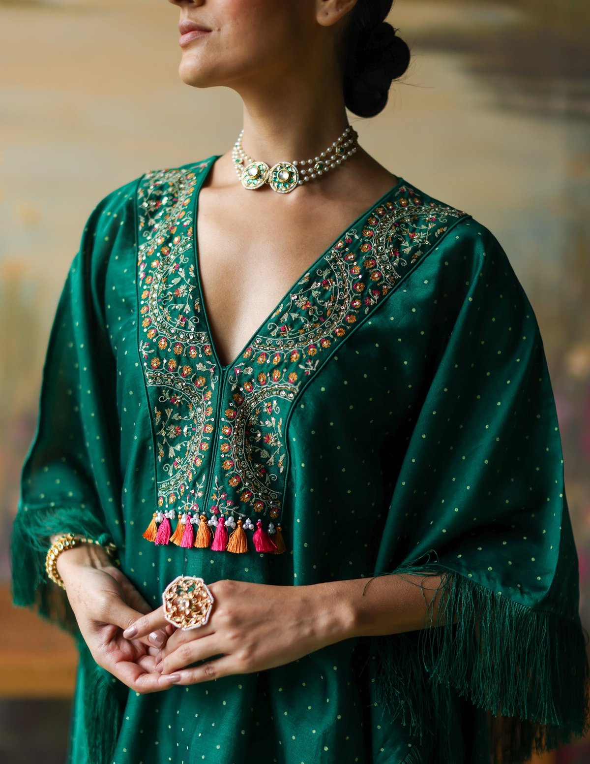 Emerald Silk Chanderi Embroidered Co-ord Set with Cowl Pants