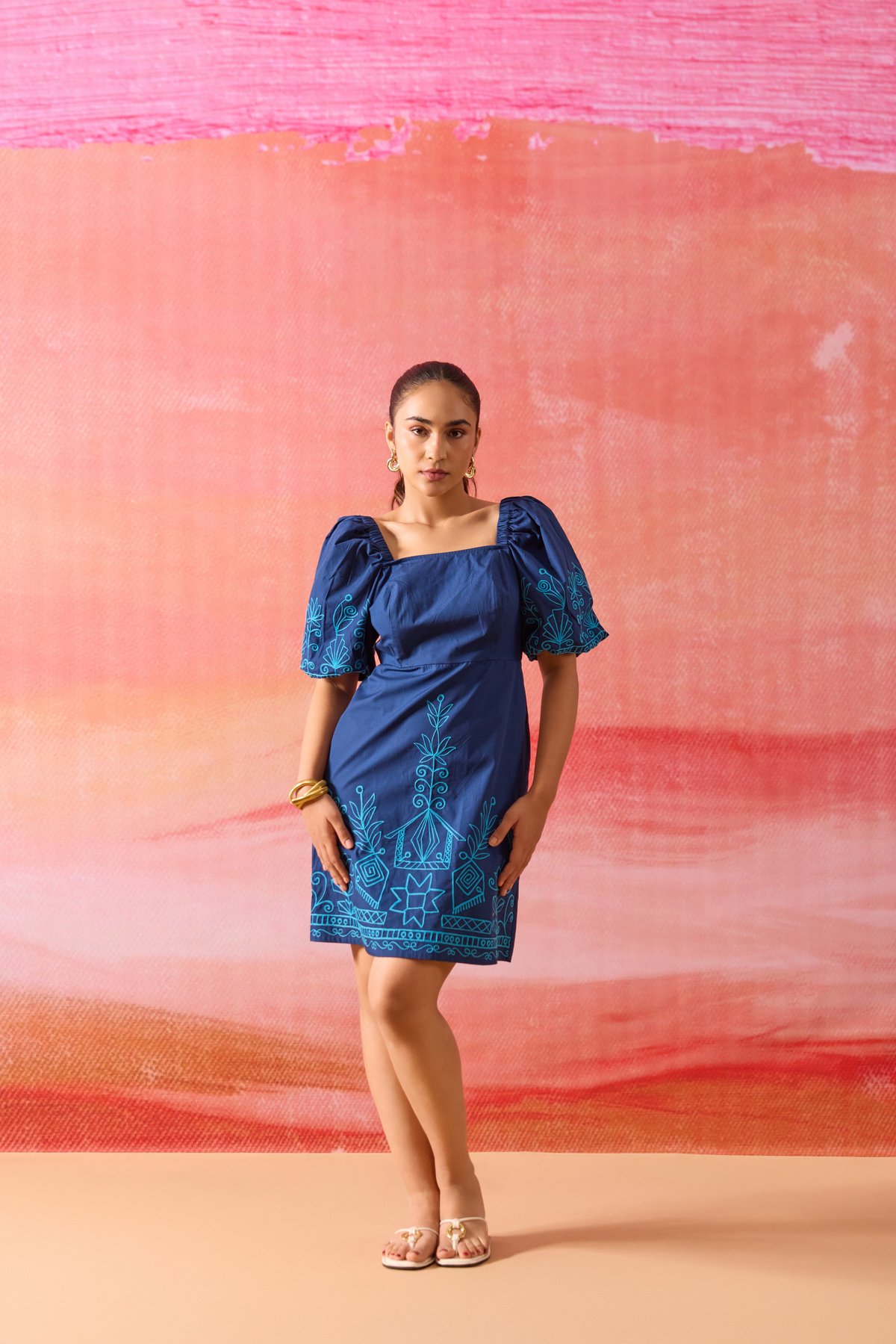 Blue Square Neck Aari Embroidered Poplin Mini Dress
