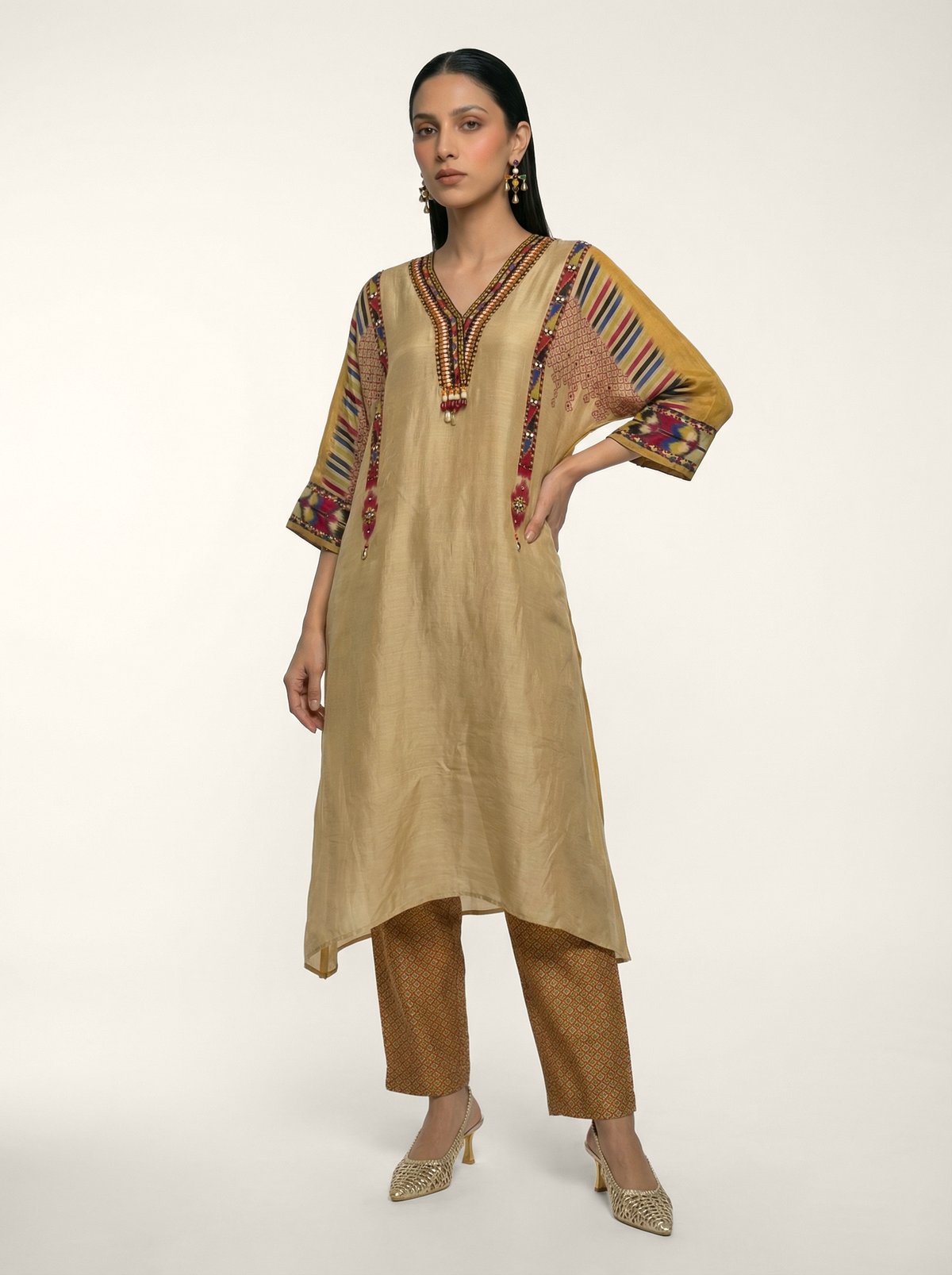 Beige Muslin Silk Printed Kurta Set with Embellished Placket