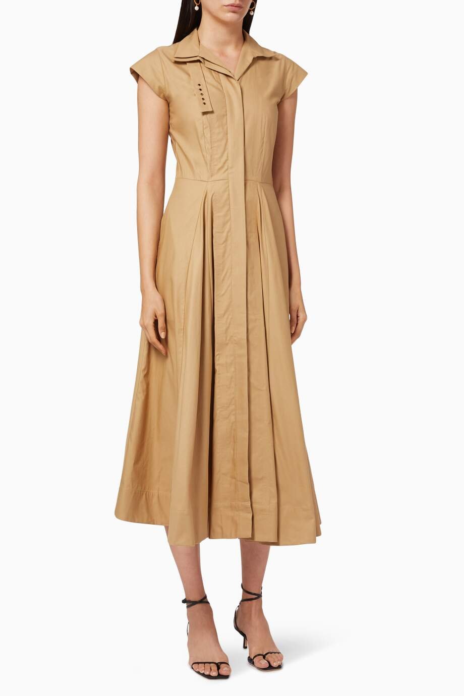 Beige Collared Fit and Flare Pleated Midi Shirt Dress