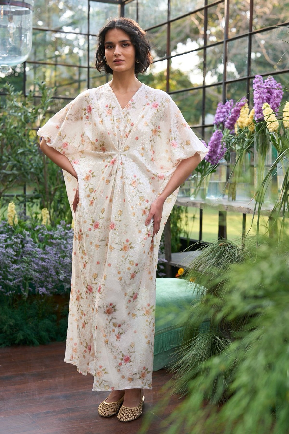 Ivory Floral Sequin Maxi Kaftan Dress with Slip