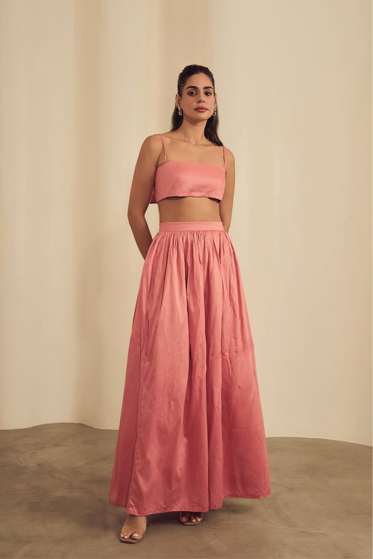Pink High-Waisted Flared Cotton Maxi Skirt