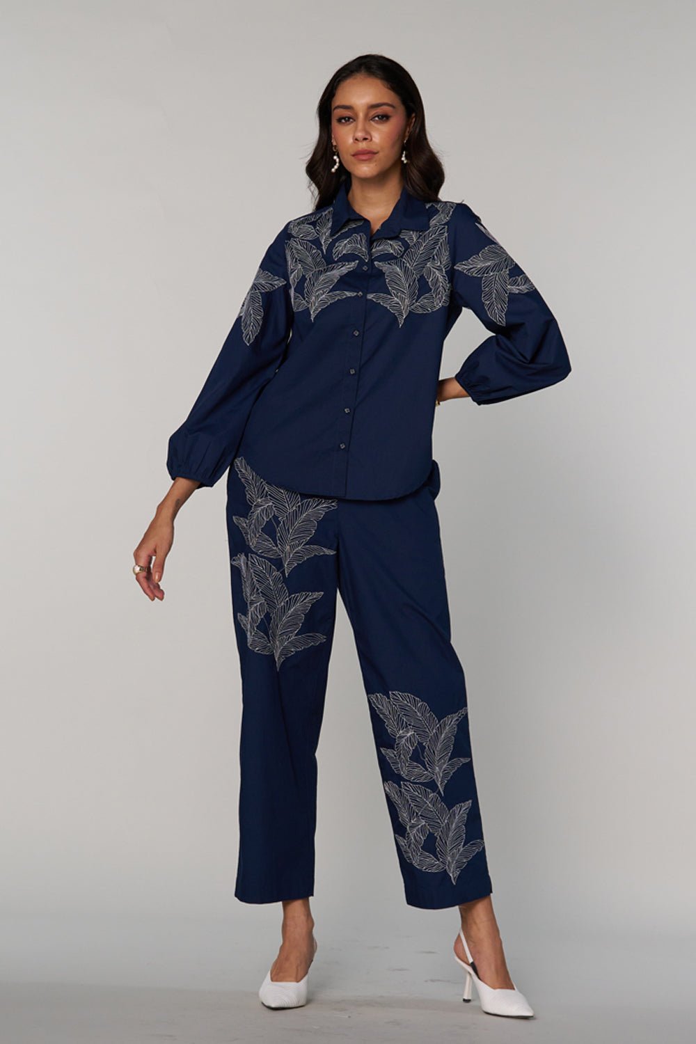 Blue Straight-Leg Embroidered Cotton Trousers