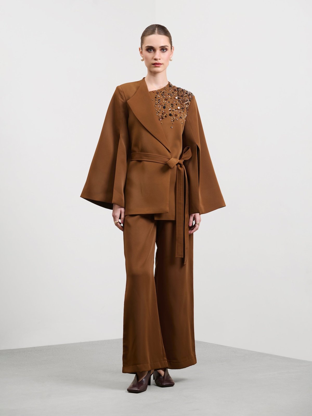 Mocha Brown Wide-Leg Trousers with Pockets
