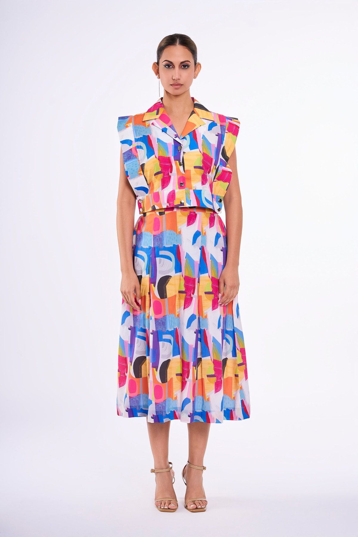 Multicolour Abstract Printed Top and Midi Skirt Co-ord Set
