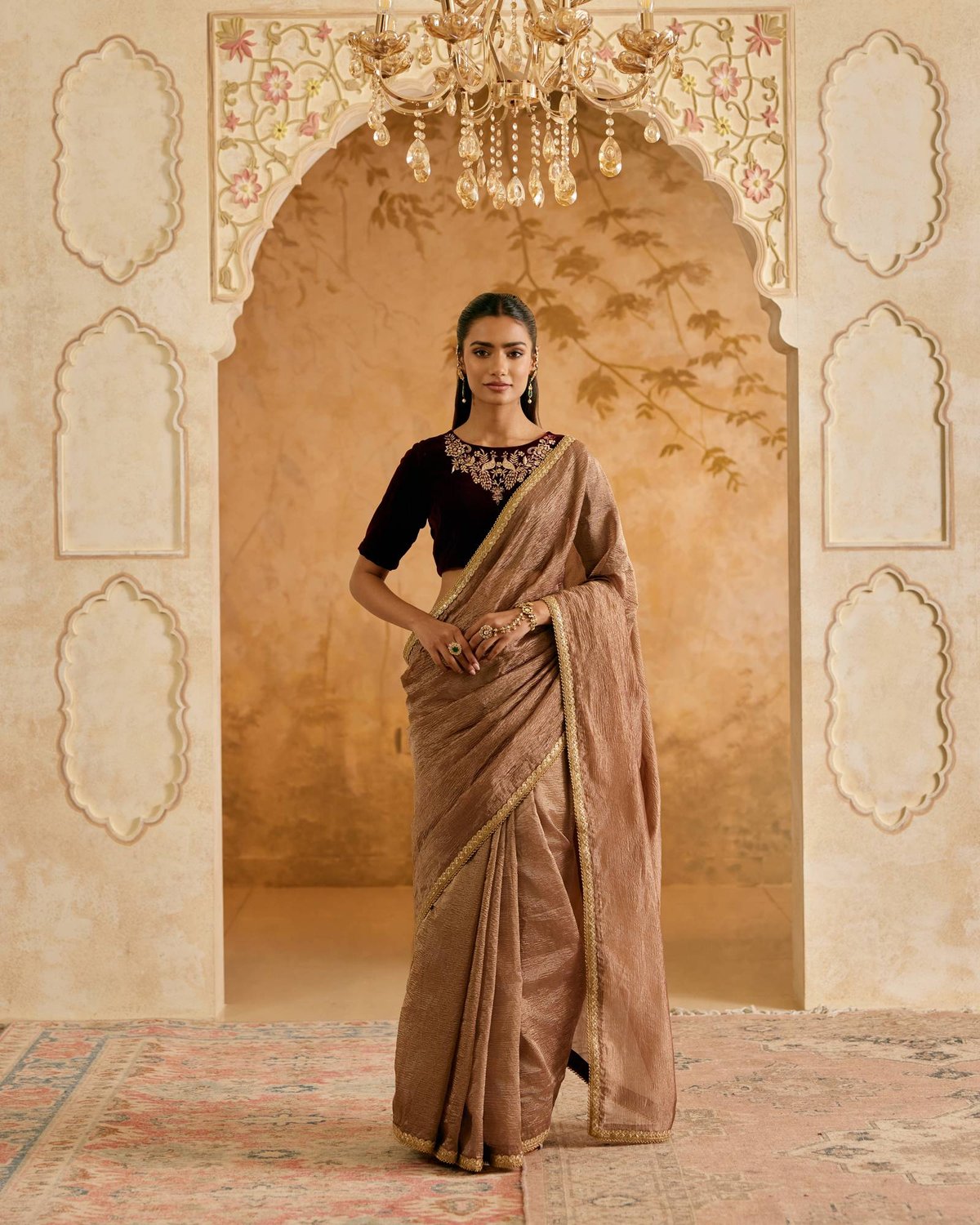 Bronze Crush Tissue Saree with Embellished Border