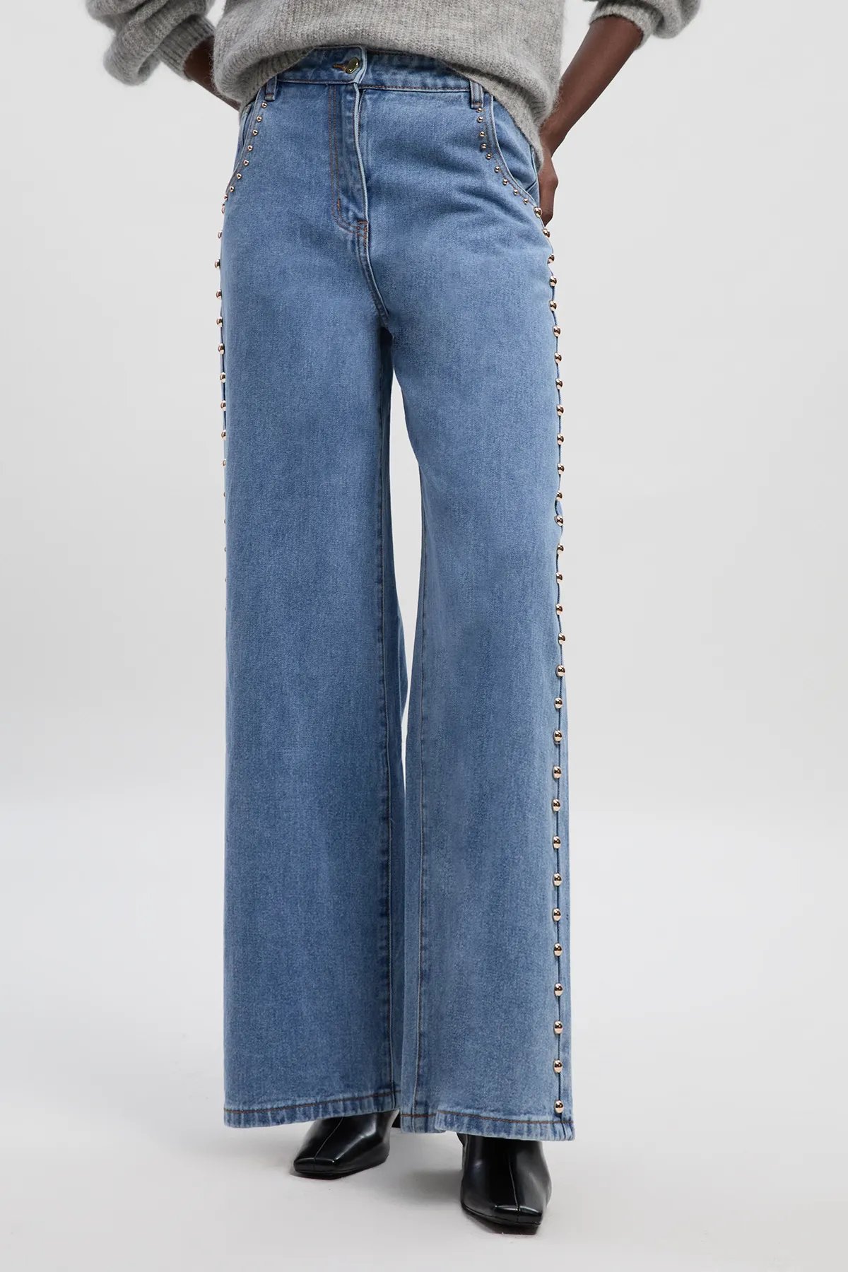 Light Blue Studded High-Rise Wide-Leg Jeans