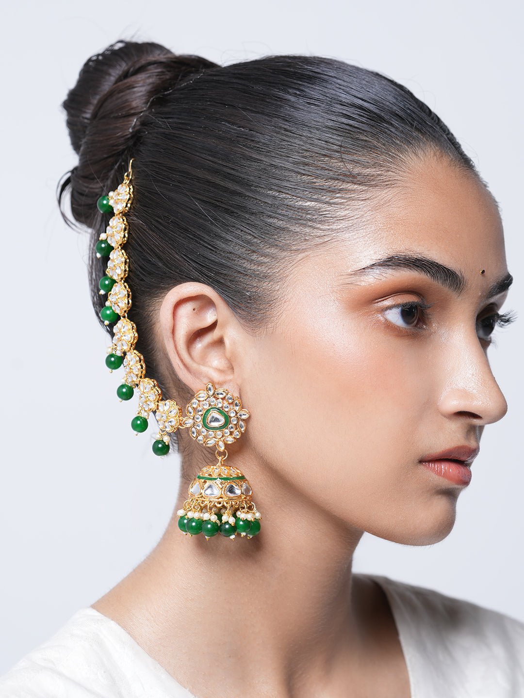 Designer Kundan Jhumki with Kaanchain Earrings