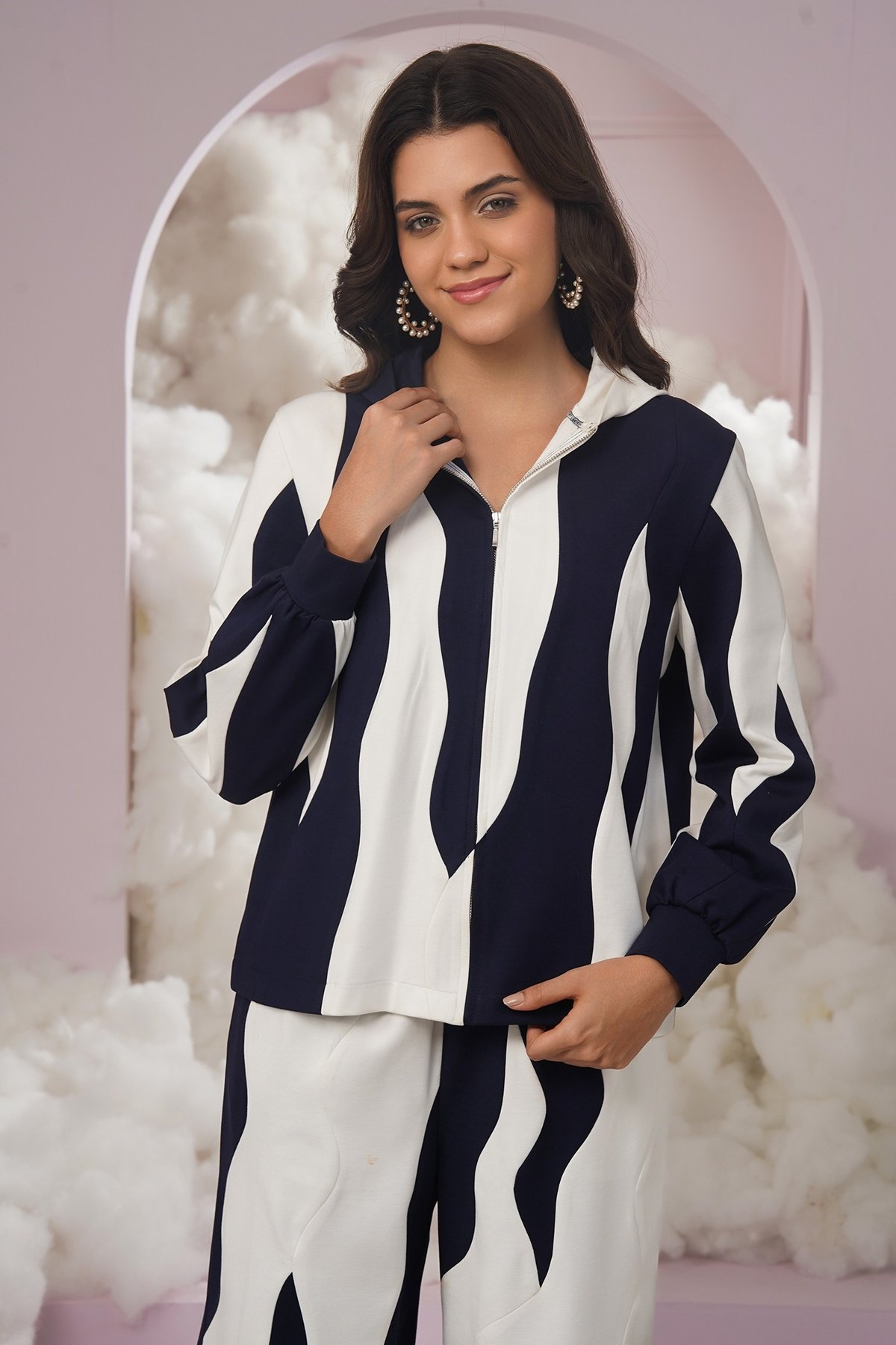Blue and White Colorblocked Hooded Zip-Up Jacket