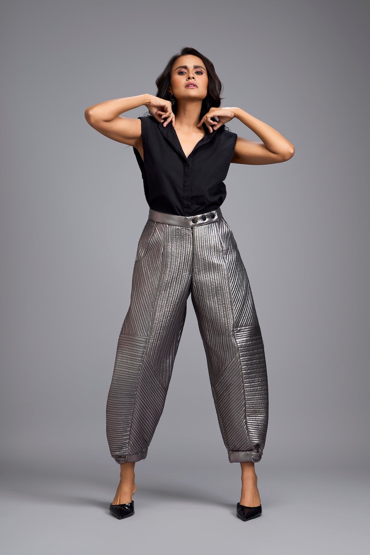 Gunmetal Metallic Quilted High-Rise Tapered Pants