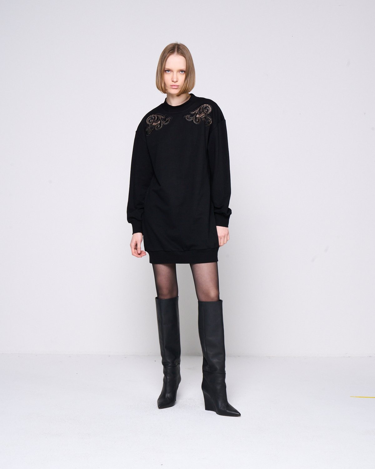 Black Longline Sweatshirt Dress with Shoulder Applique