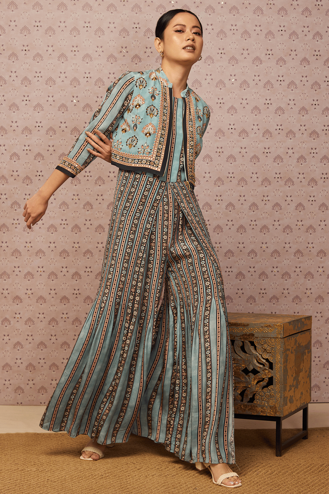 Ice Blue Printed Crepe Jumpsuit with Cropped Jacket