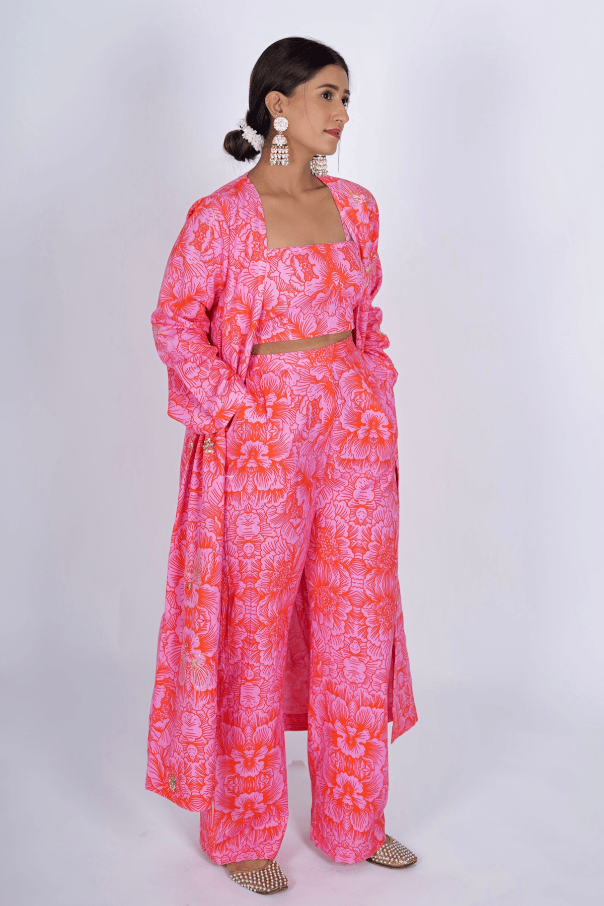 Pink Floral Printed 3-Piece Co-ord Set with Long Jacket