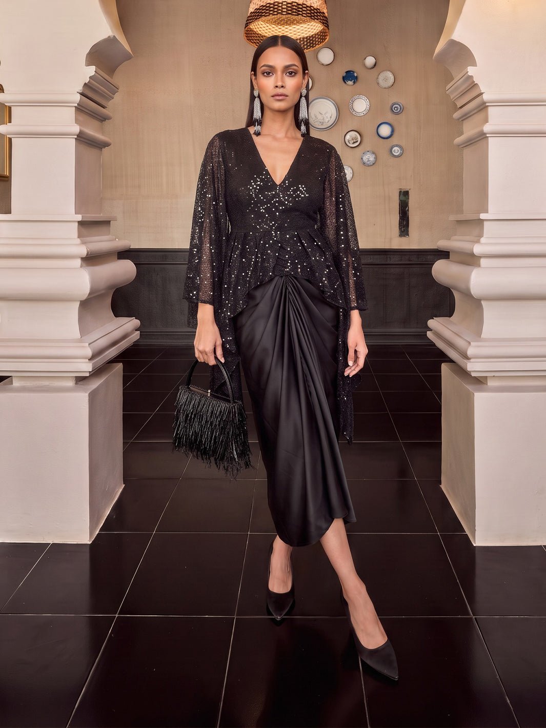 Black Bridal Satin Draped Maxi Dress with V-Neck