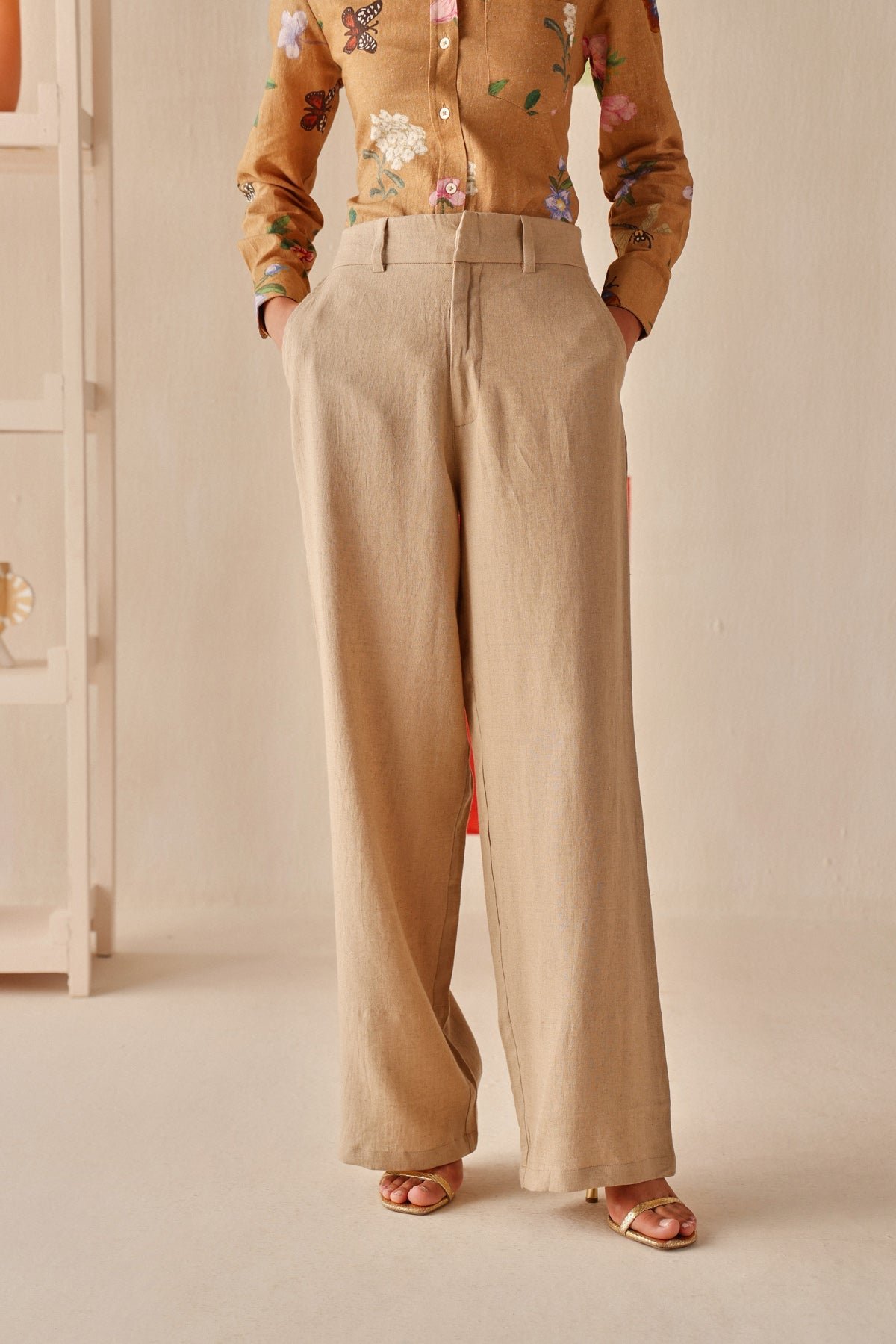 Solid Beige High-Waist Straight-Leg Linen-Blend Trousers
