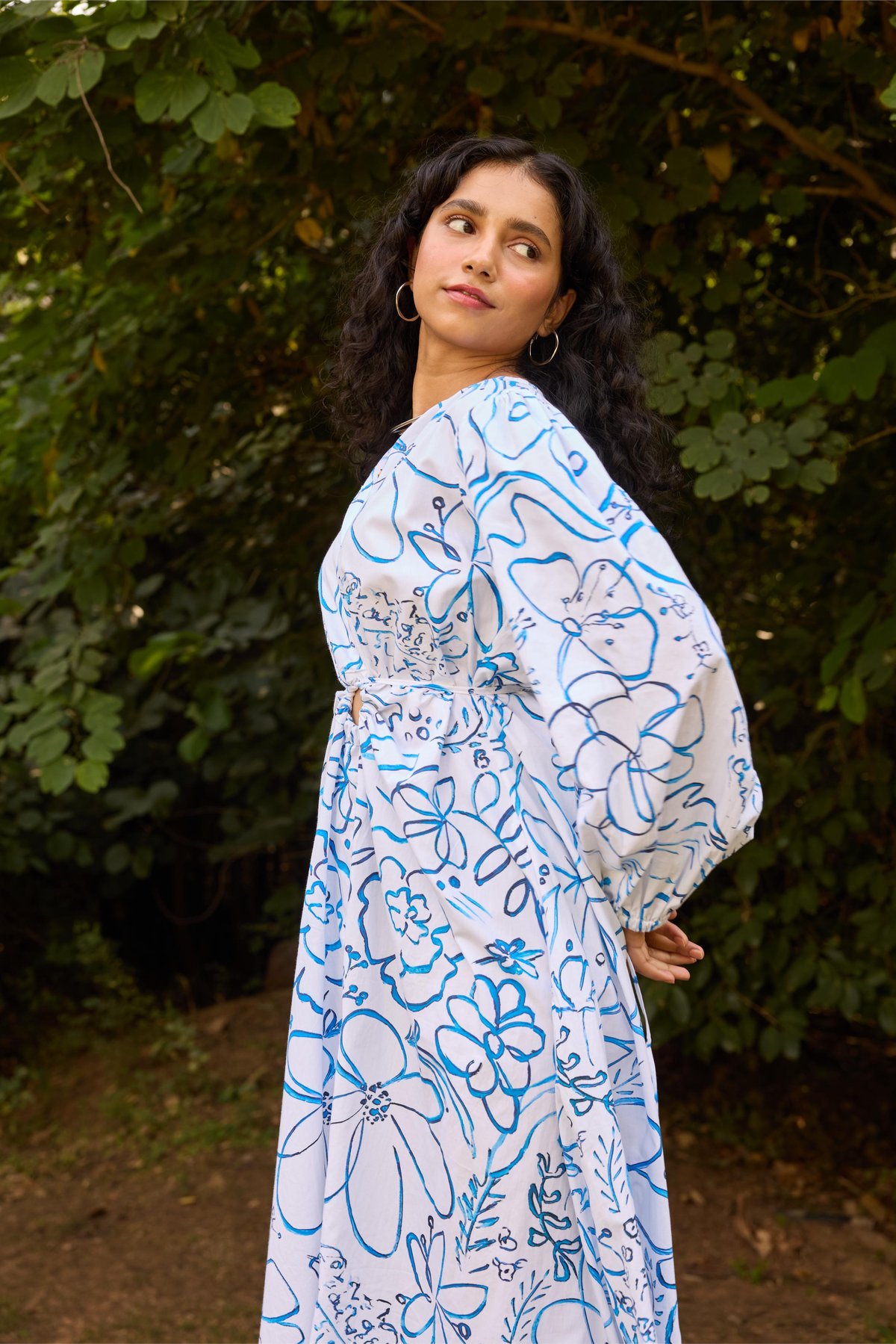 White and Blue Floral Poplin Midi Dress