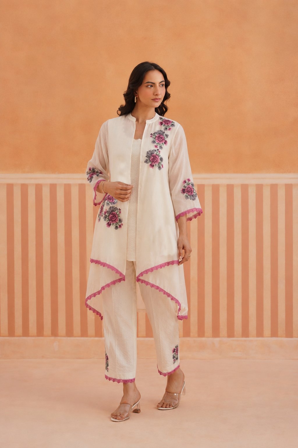 Cross Stitch Embroidered Jacket Set with Inner and Pants