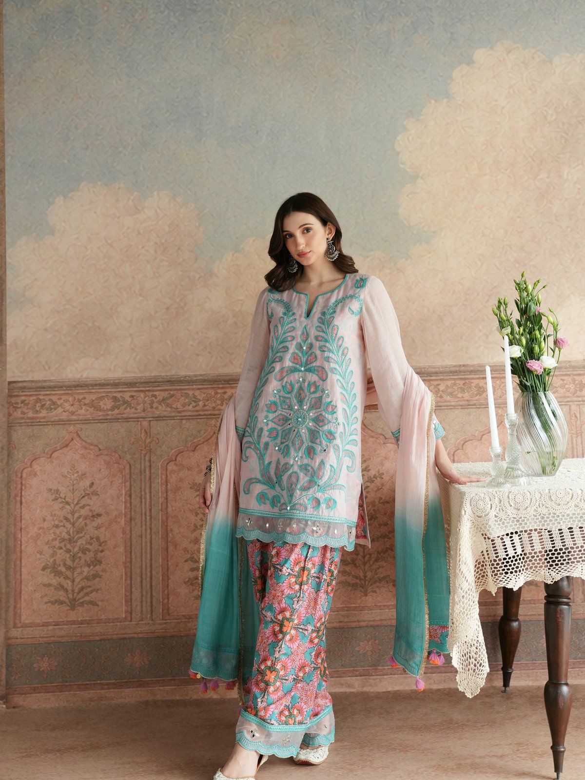 POWDER PINK & TEAL BLUE SHORT KURTA WITH FARSHI SALWAR & DUPATTA