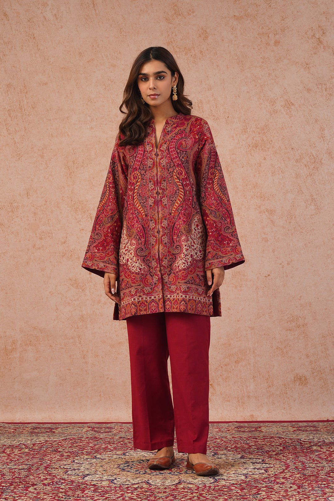 Red Paisley Printed Wool Blend Kurta Set with Pants