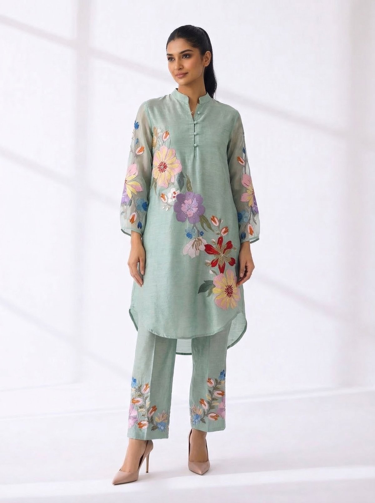 Aqua Floral Printed Tunic and Pant Co-ord Set