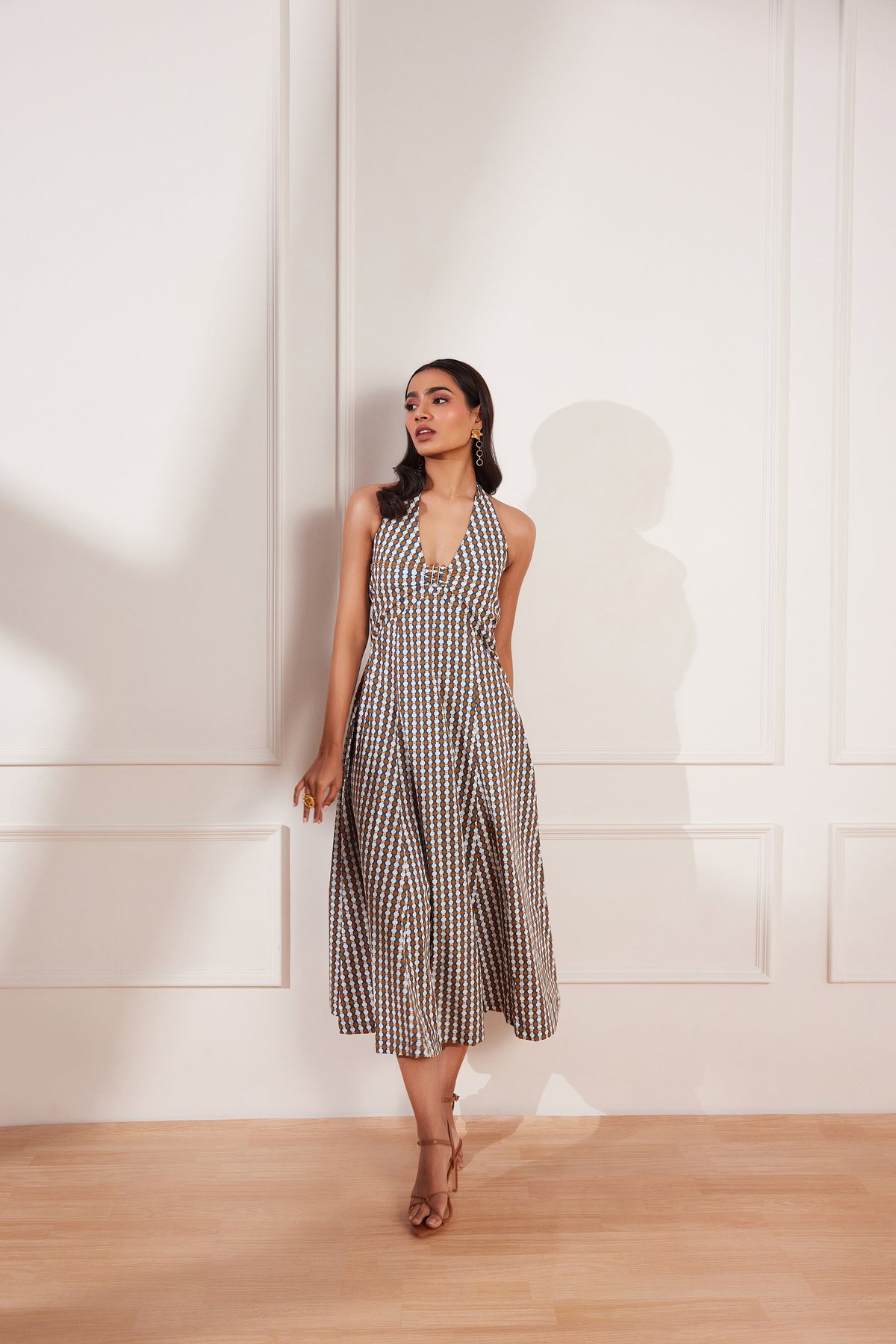 Multicolor Geometric Halter Neck Cotton Poplin Midi Dress