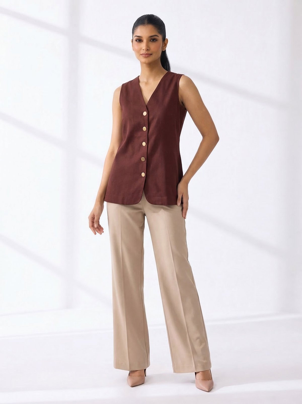 Dark Brown Linen Button-Front V-Neck Waistcoat