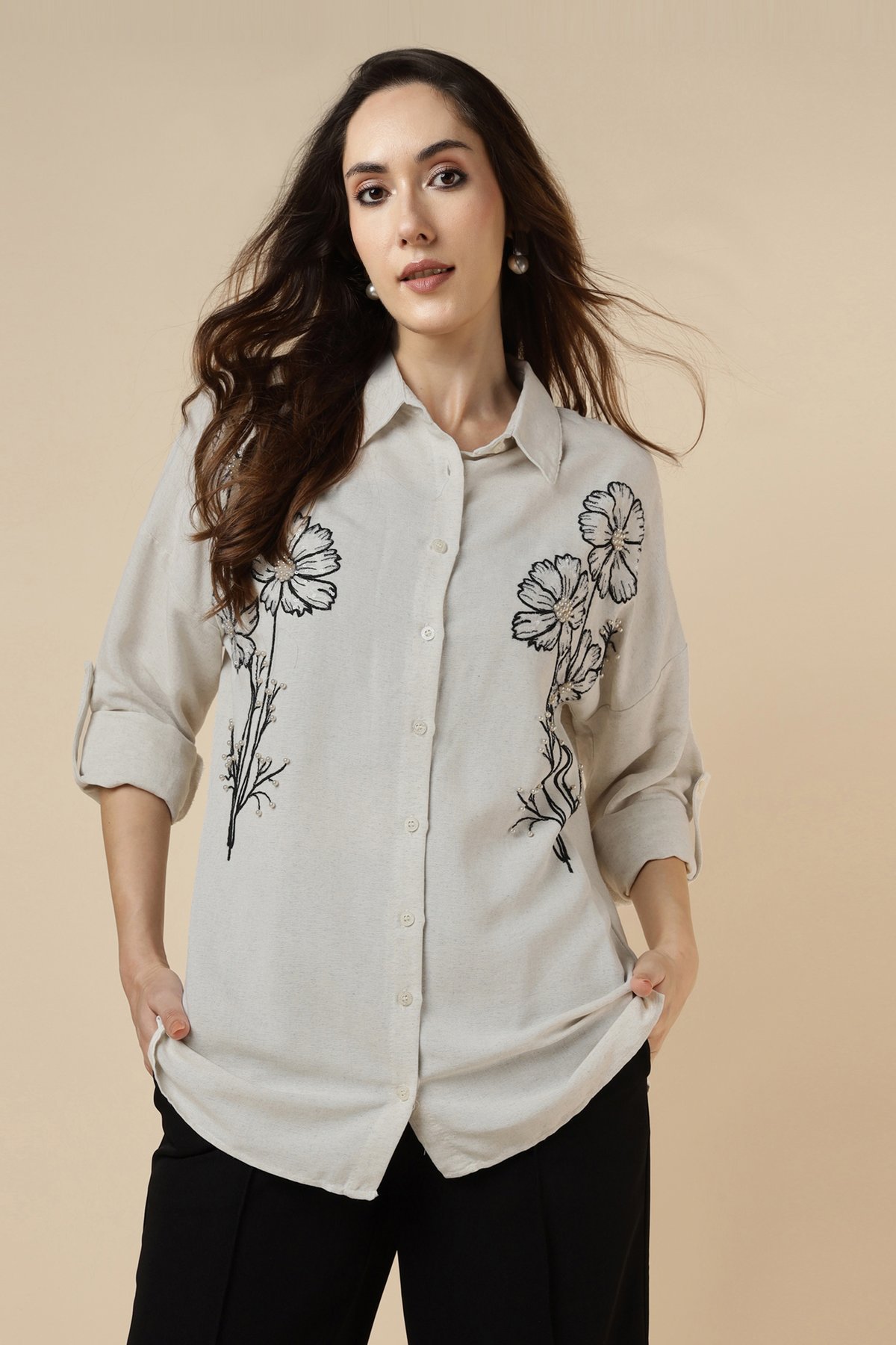 Natural Floral Embellished Longline Shirt
