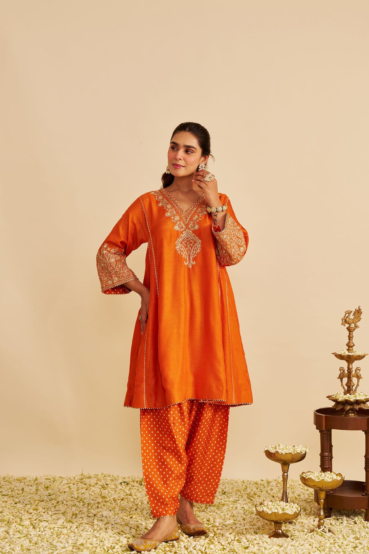 Orange Upada Silk A-Line Chauga Kurta Set with Salwar