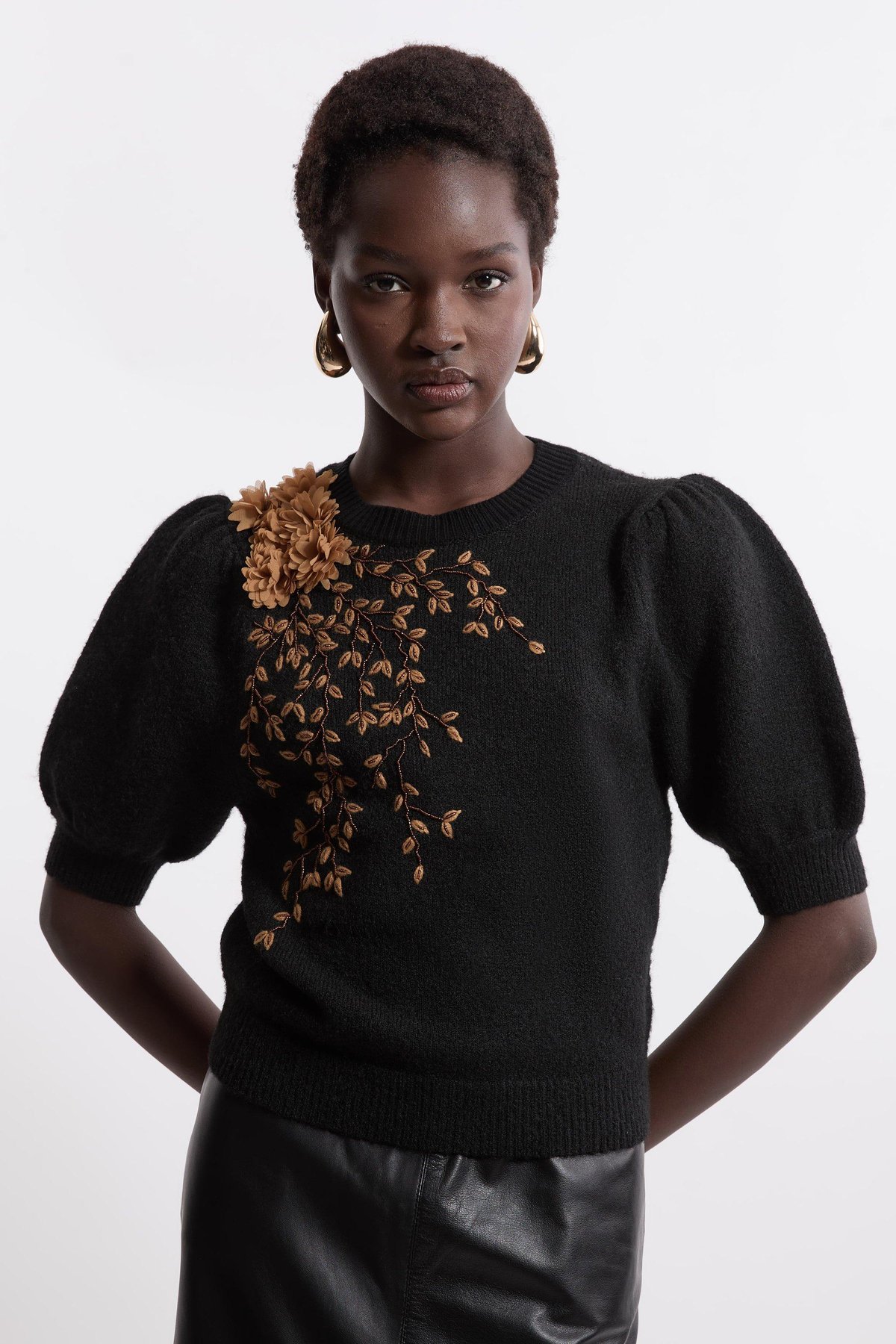 Black 3D Floral Applique Puff-Sleeve Knit Sweater