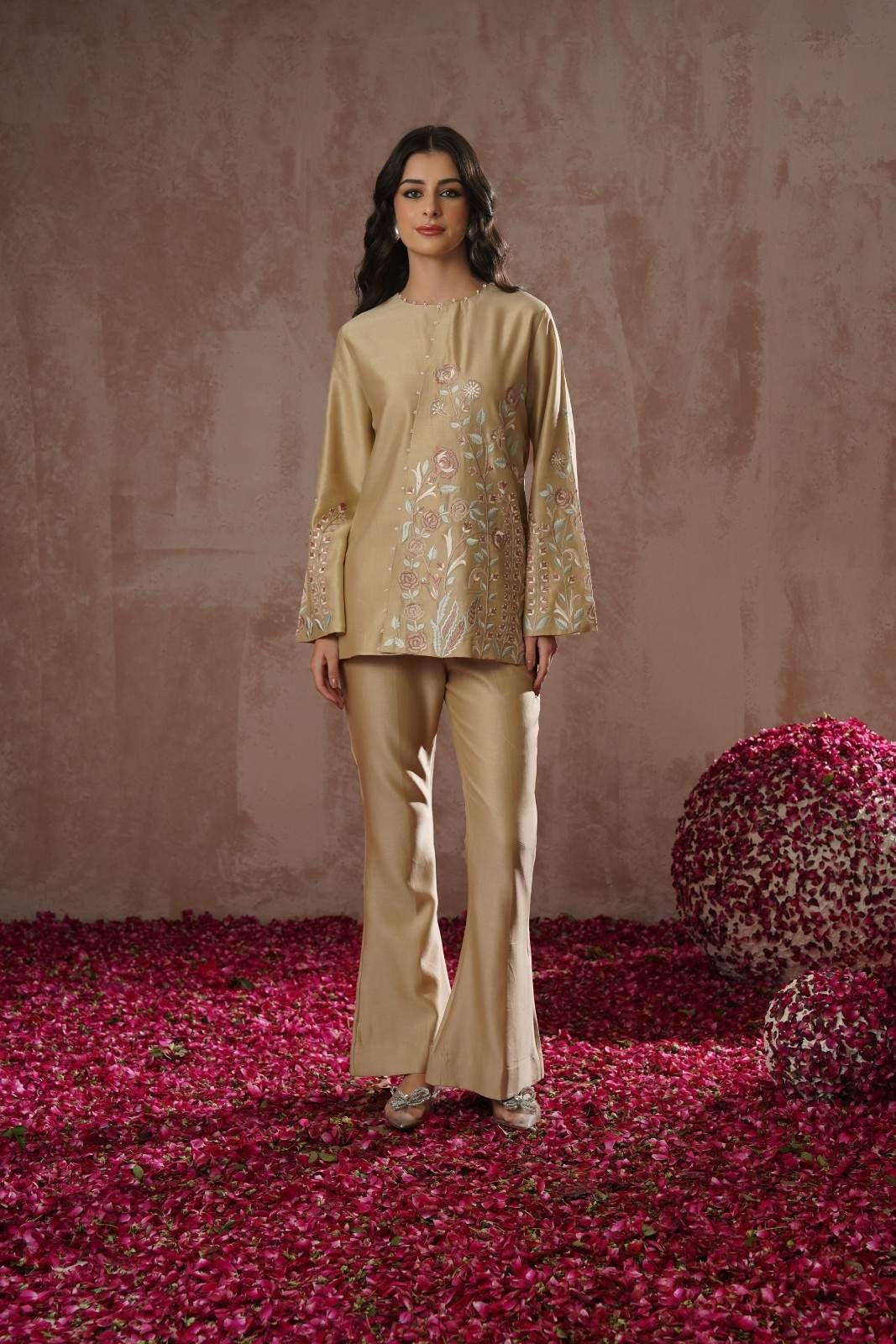 Beige Chanderi Silk Embroidered Co-ord Set