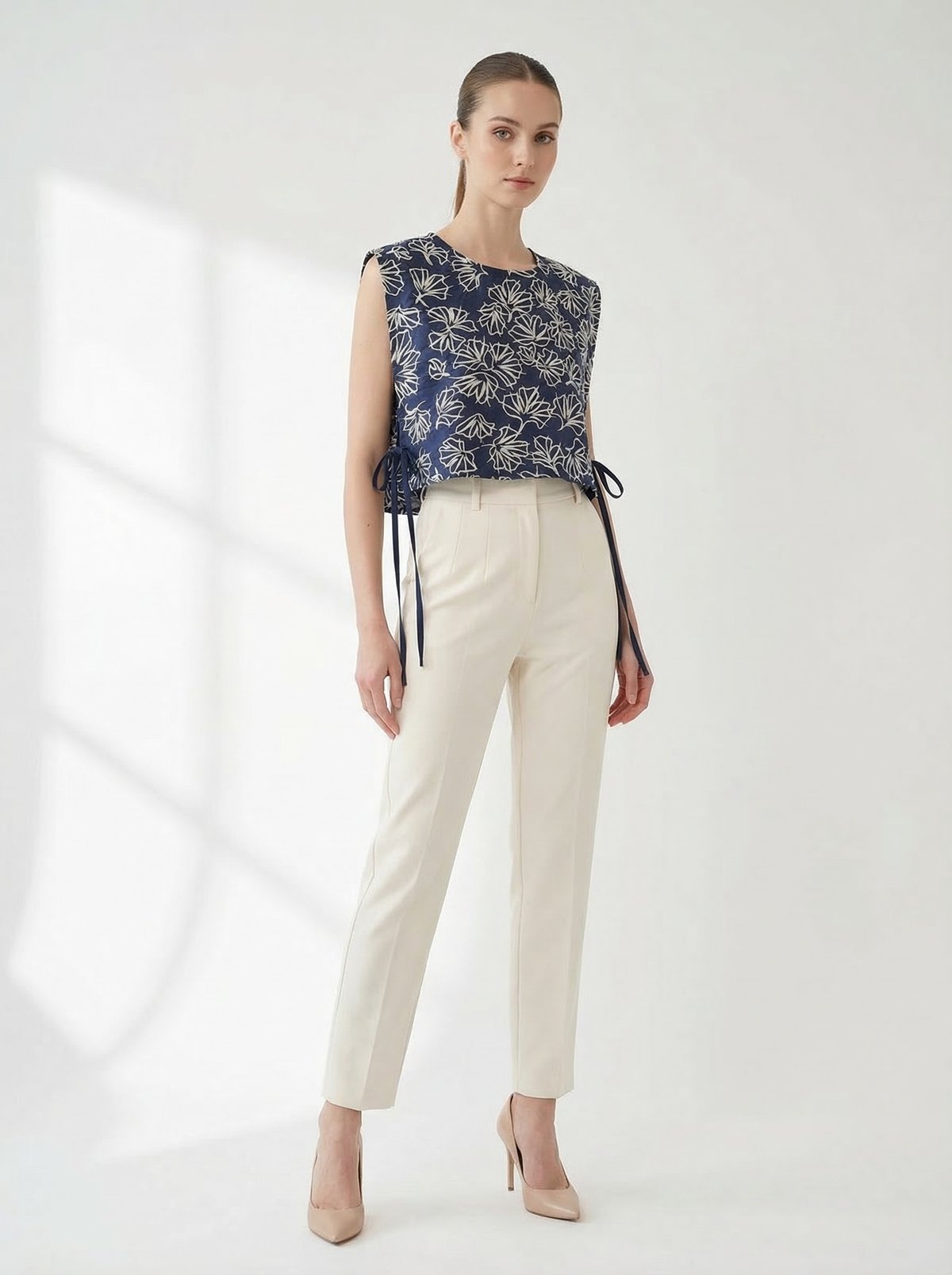 Navy Blue Floral Sleeveless Side Tie-Up Crop Top