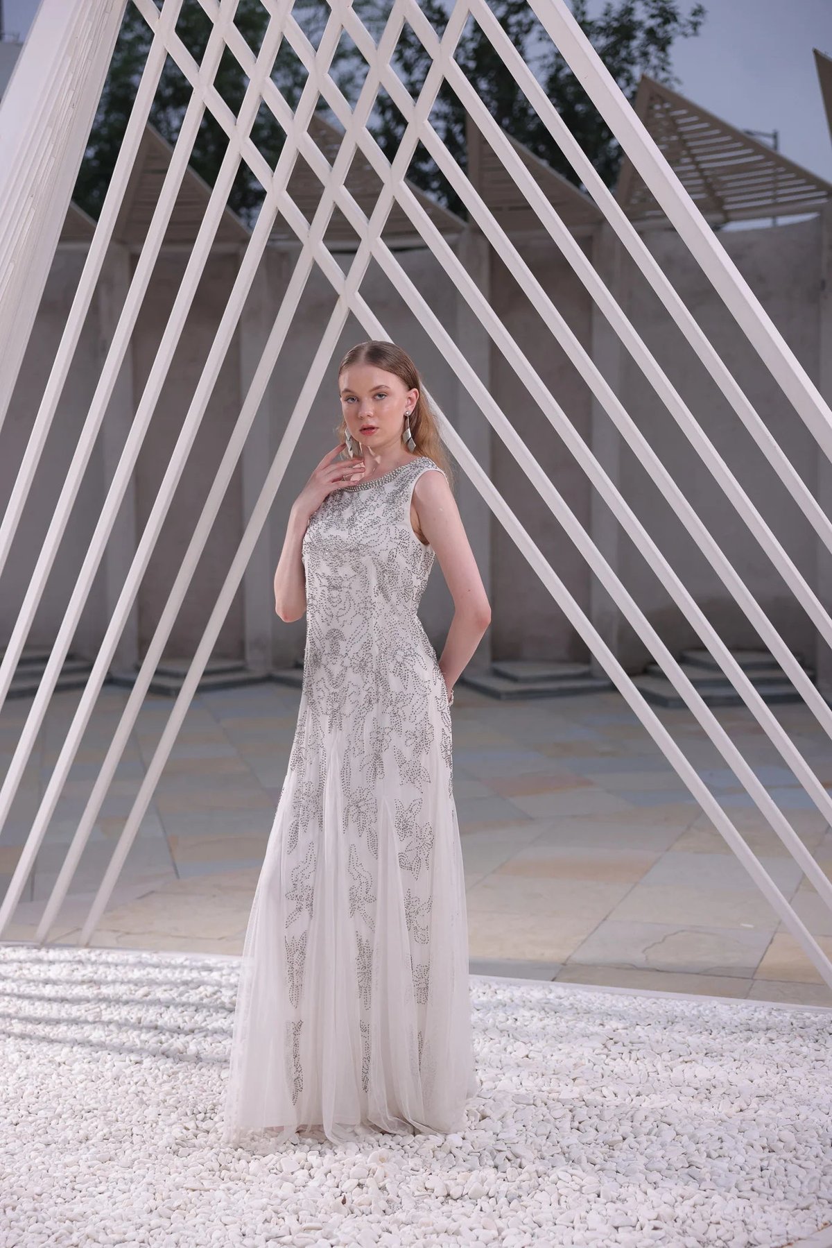 Ivory Beaded Floral Net Maxi Gown