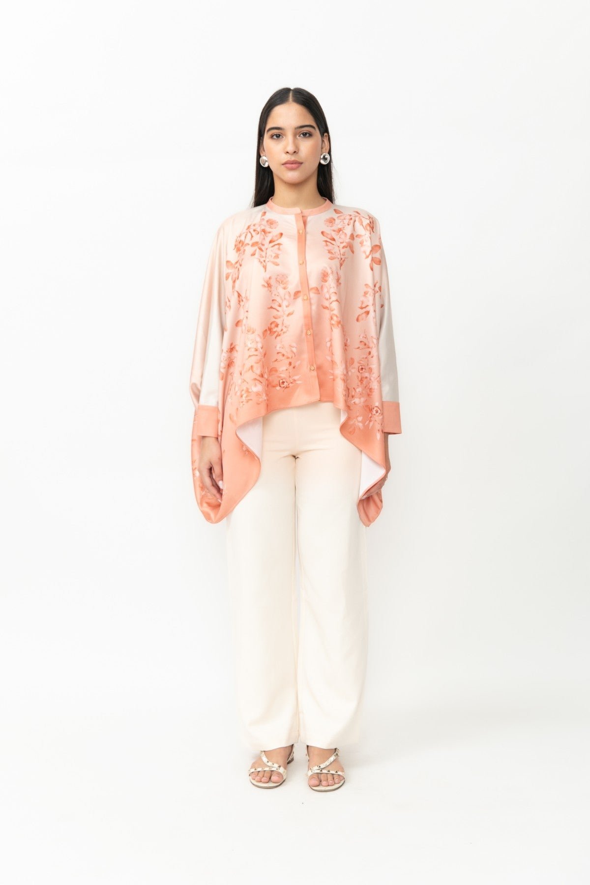 Peach Floral Printed High-Low Kaftan Shirt
