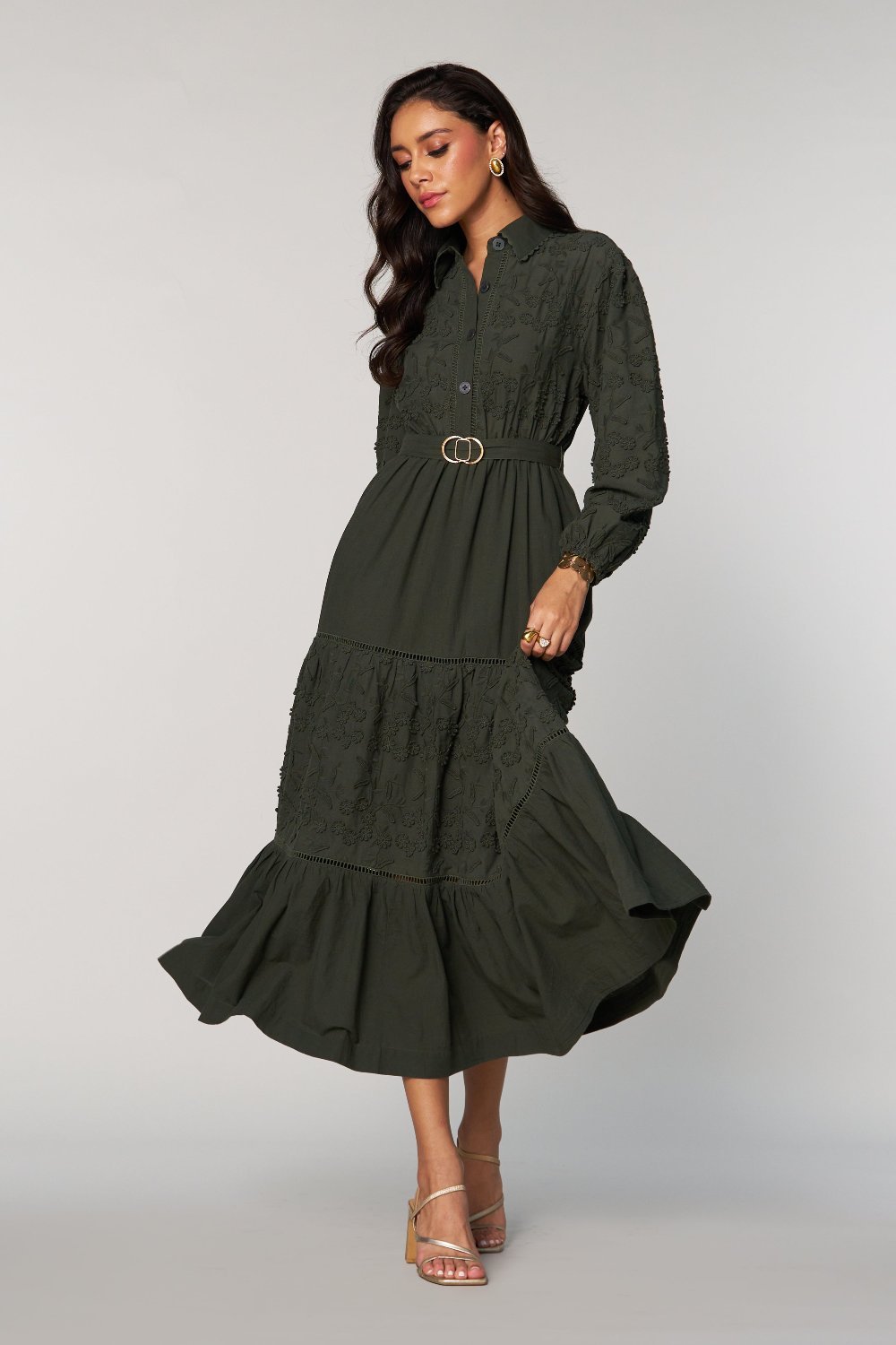 Green Schiffli Tiered Shirt Maxi Dress with Belt