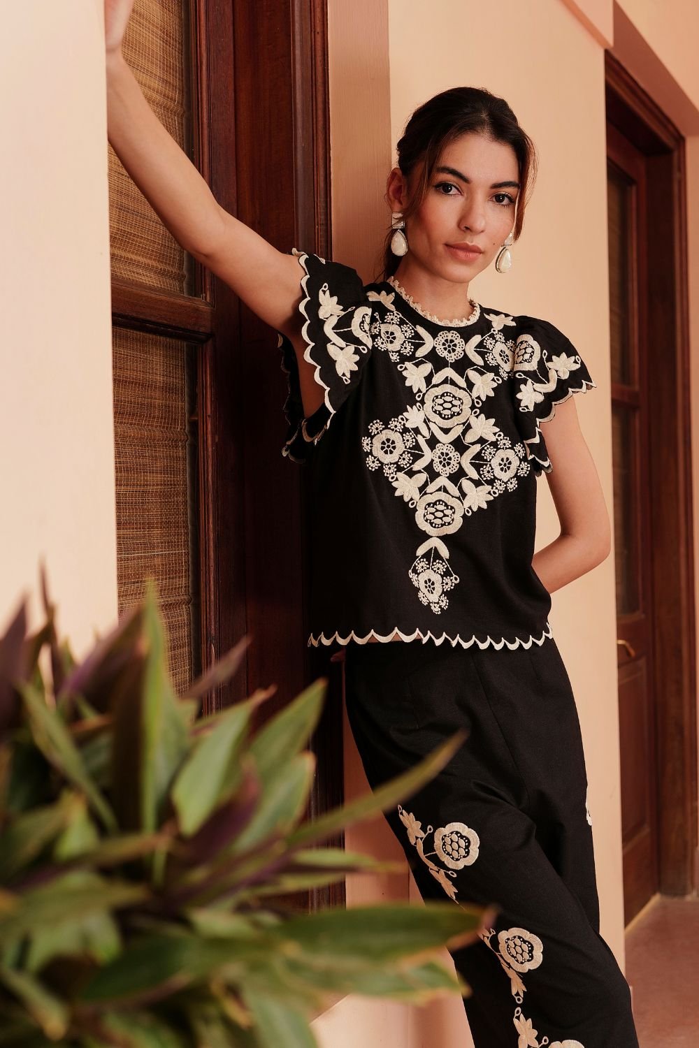 Black Linen Embroidered Flutter Sleeve Blouse