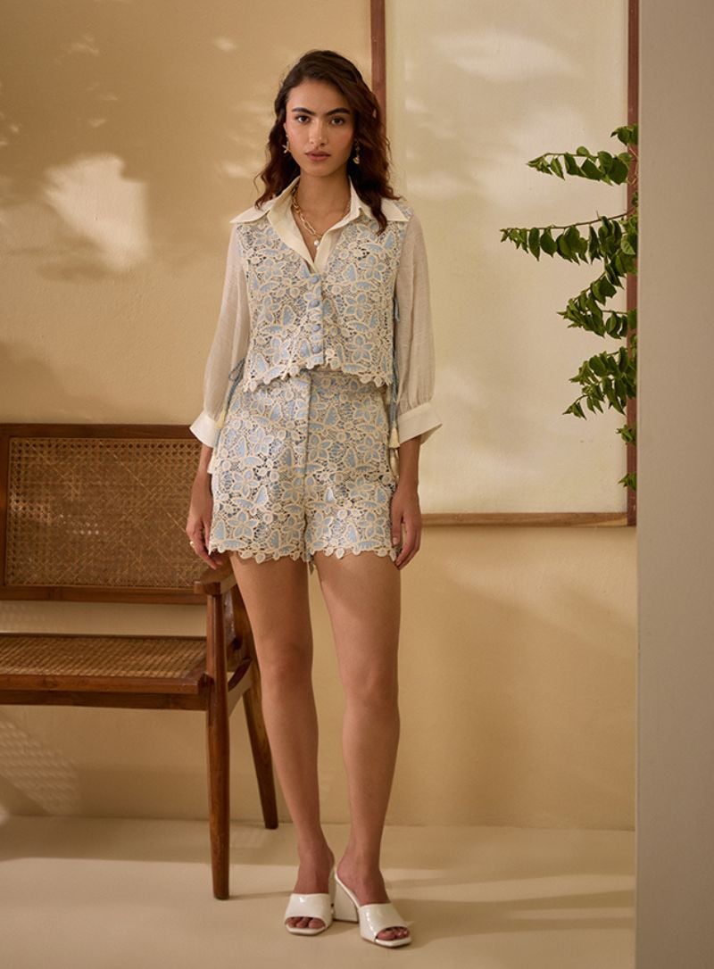 Light Blue Lace Shirt, Vest and Shorts 3-Piece Co-ord Set